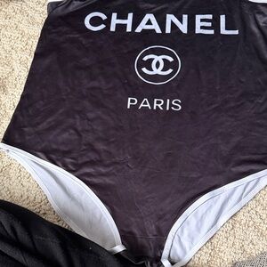 CHANEL Black and White Logo One-Piece Swimwear